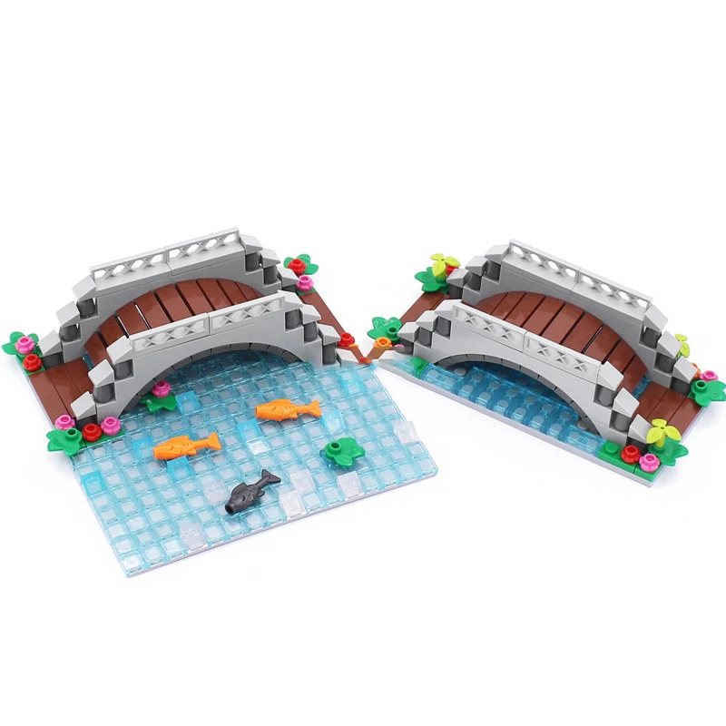 120pcs MOC Scene Layout DIY Creek Building Block Set 64648 Flower Brick Brown Bridge