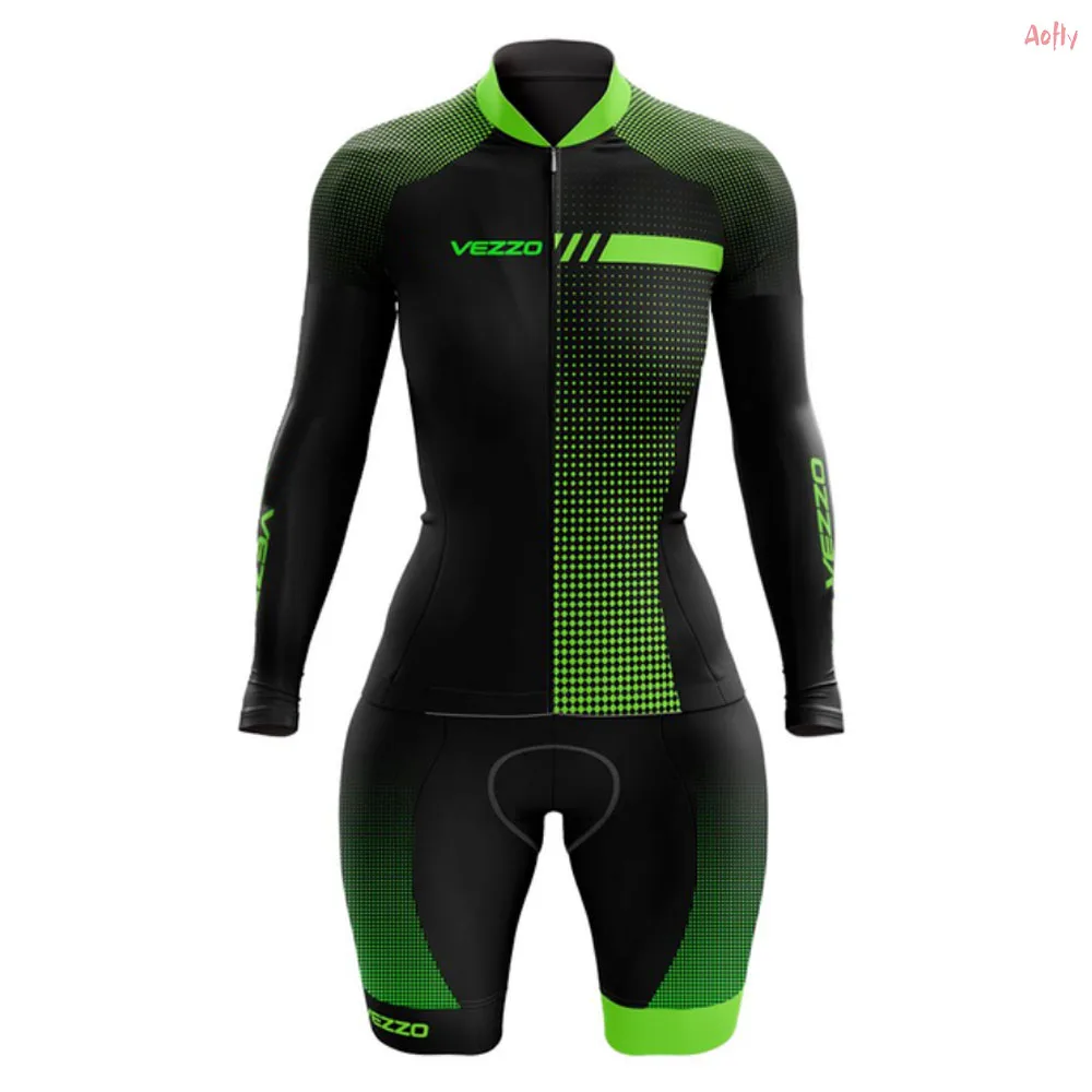 

Vezzo Womens Cycling Triathlon Long Sleeve Cycling Suit Bike Accessories Clothing Tights Couple Jumpsuit Cyclist Outfit Skinsuit