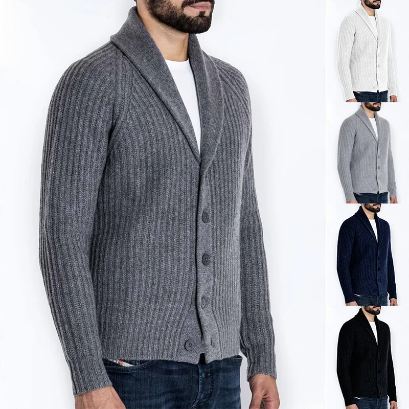 

2021 autumn and winter new European and American men's knitted sweater suit collar solid color long-sleeved cardigan