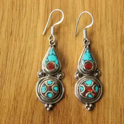 ER179 Nepal Hand Jewelry Tibetan Ethnic Earrings For Lady Vintage Copper Inlaid Turquoises Coral Stone Dangle Earring