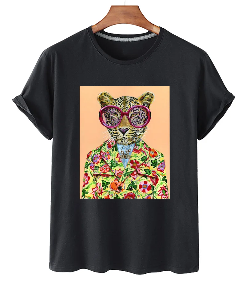 100% Cotton Retro Oil Painting Flower Tiger Shirt Short-sleeved O-neck Loose T-shirt Female Plus Size T-shirt Men And Women 4XL
