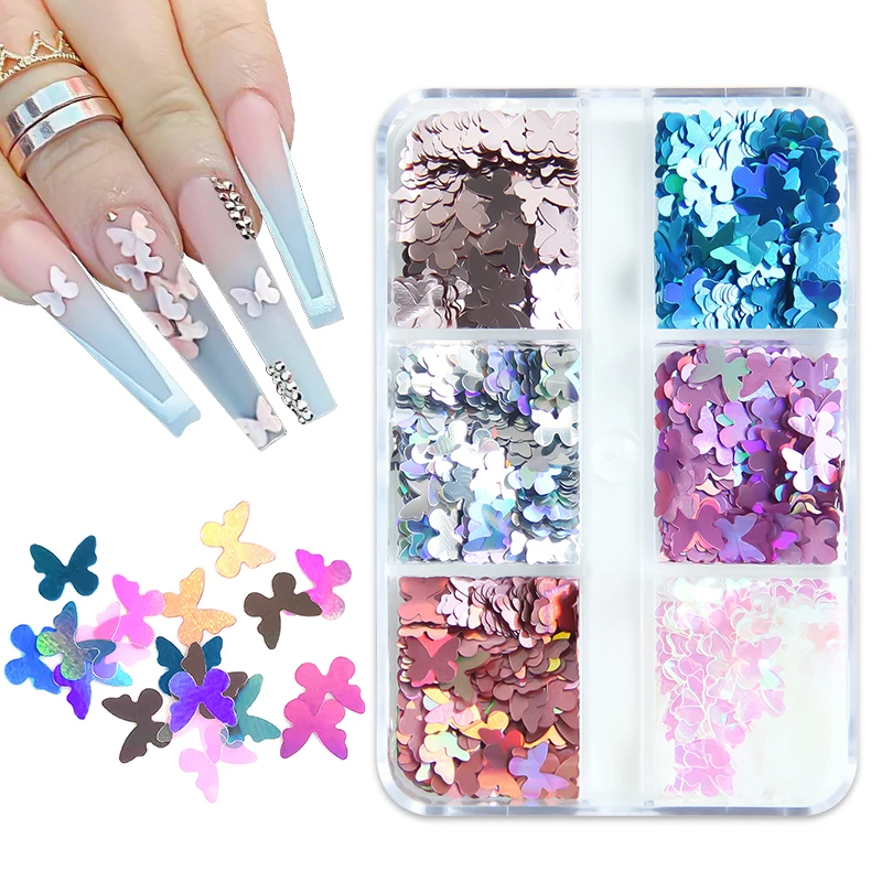 6 Grids Holographic Nail Glitter Butterfly Star Shape Sequins 3D Sparkly Flakes Paillette Manicure DIY Nail Art Decorations