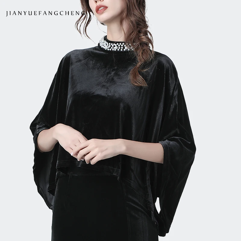 

Luxury Pearls Beaded Black Velour Blouse Autumn Winter New Bat Sleeved Loose Plus Size Cape Type Ladies Tops Vinrtage Ladylike