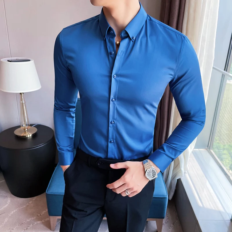 Small Asian Size Slim Fit Design Men\'s Long Sleeve Button White Black Casual Shirts