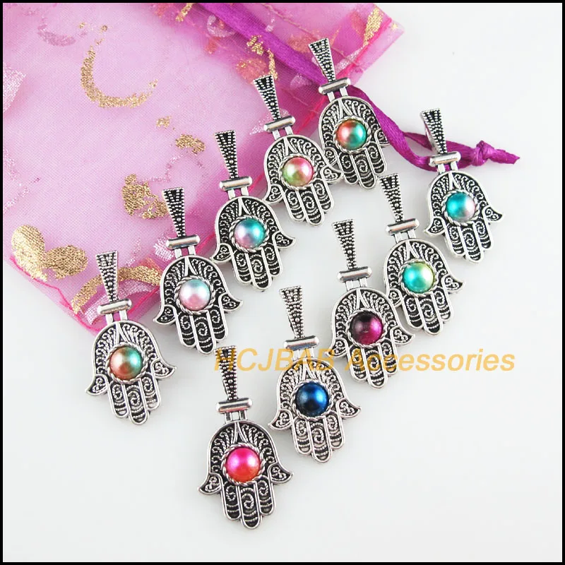 10Pcs Tibetan Silver Tone Retro Hand Palm Mixed Colored Acrylic Charms Pendants 17.5x33mm