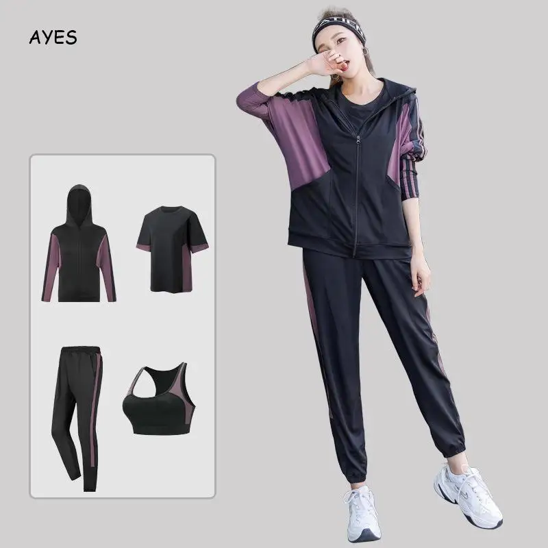 

Women's Tracksuit Hooded Collar Coat+Short Sleeves T-shirt+Elastic Pants+Sport Bra Yoga Set Patchwork Loose Trouser Suits XXXXL