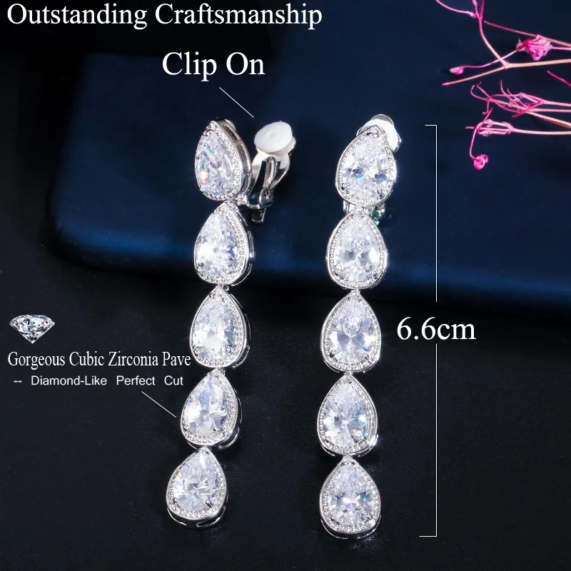 CWWZircons Non Pierced Long Dangle CZ Crystal Water Drop Clip On Earrings for Women Engagement Party Wedding Jewelry Gift EJ0024