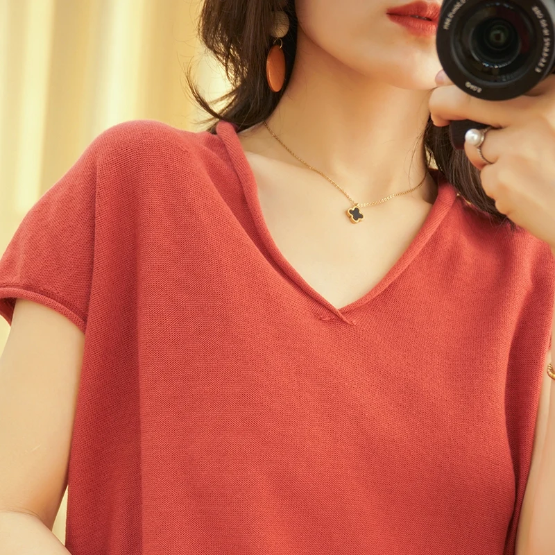 Solid Cotton And Linen T-shirt Women's Short Sleeve Top Loose Thin Tshirt Casual  V-neck Knitted Tops Female Summer T-shirts