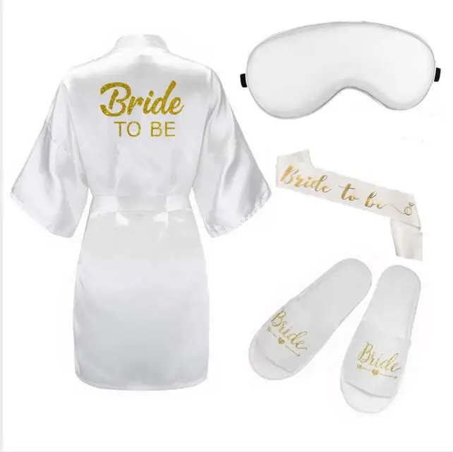 4pc set of bride robe eyemask slippers sash bridesmaid kimono wedding bridal party Bachelorette bathrobe getting ready robes