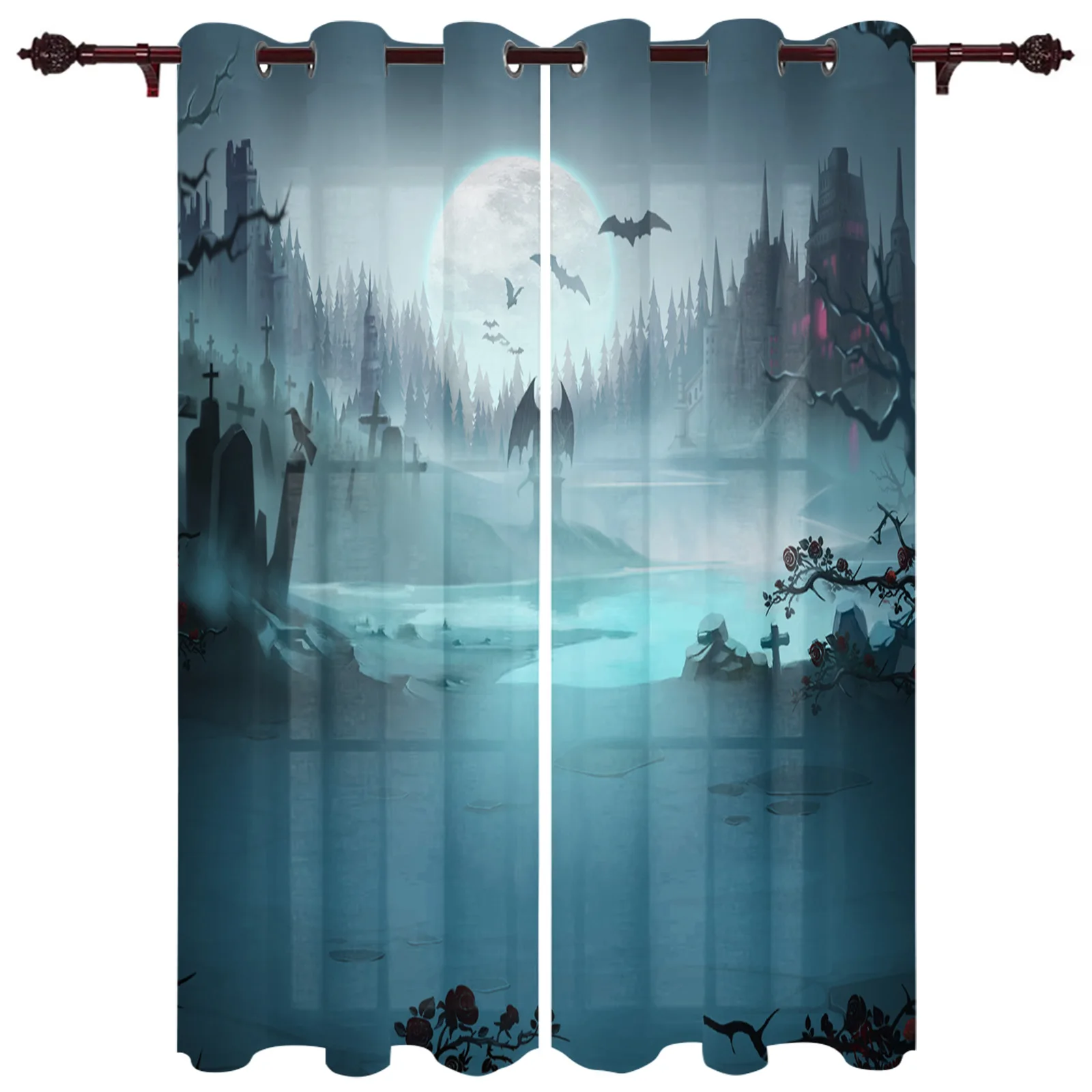 Spooky Fog Forest Cemetery Living Room Kitchen Bathroom Curtains For Children's Bedroom Window Decoration Hanging Cloth Curtains