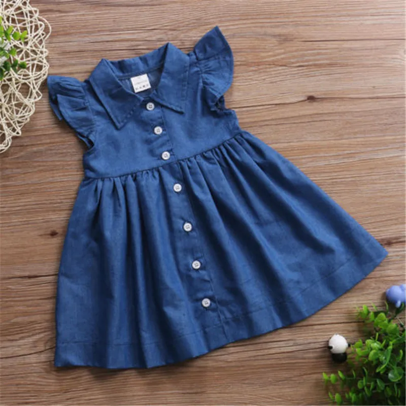 Fashion Baby Girls Dress Toddler Kids Denim Blue Dresses Summer Cute Fly Sleeve Sundress Party Kids Wear Kid\'s Clothing