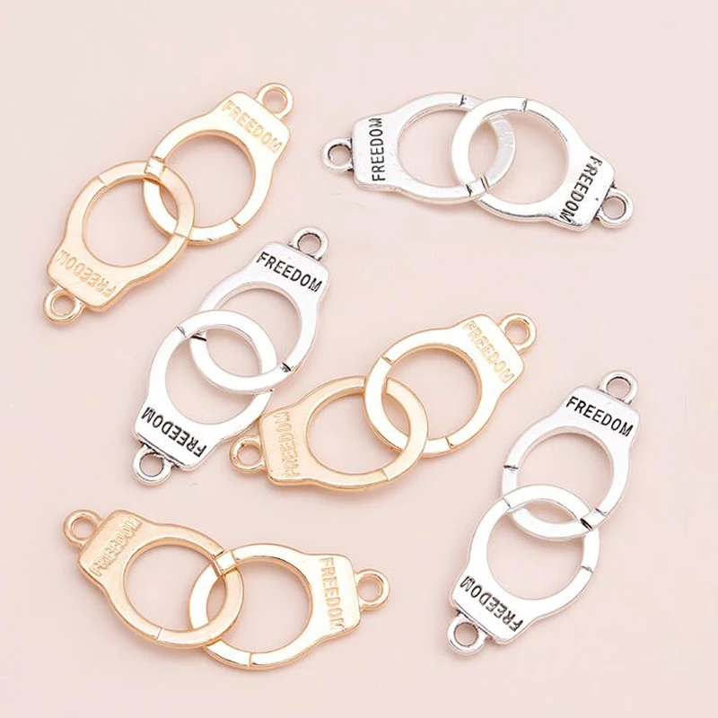 Leslie 10pcs Gold Silver Color Carved Letters Freedom Handcuffs Charms Pendants Connector for DIY Making Bracelets Necklaces