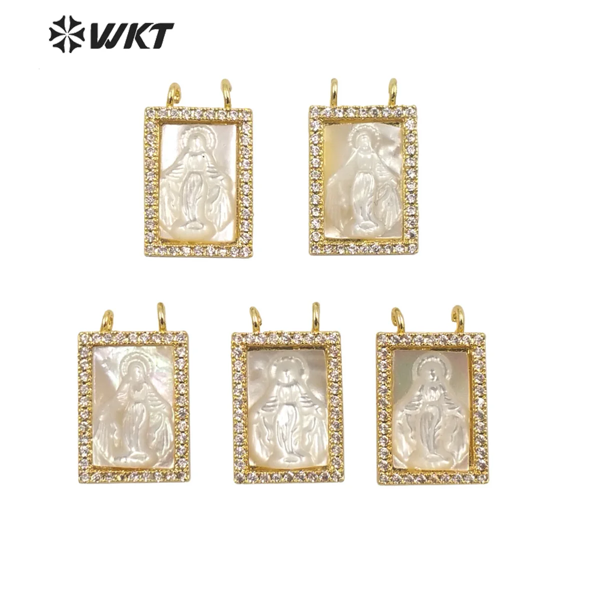 WT-MP224 Religious Christianity Blessed Virgin Mary Pendants Micropave Setting Gold Plated Tiny Zircon Shell Square Shape