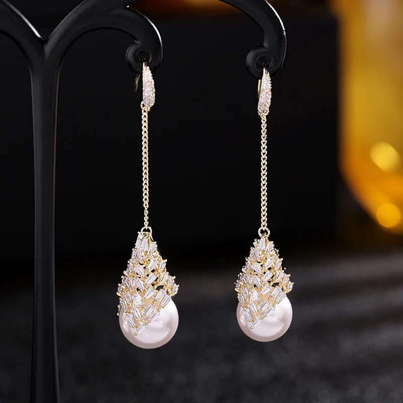 SINZRY luxury party jewelry accesory fashoin simulated pearl zircon bling dangle earrings for women