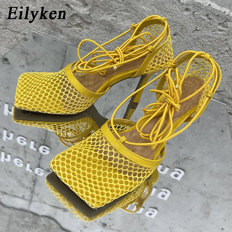 Eilyken Sexy Mesh Pumps Sandals Female Square Toe High Heel Lace Up Cross-tied Stiletto Hollow Dress Shoes Size 35-42