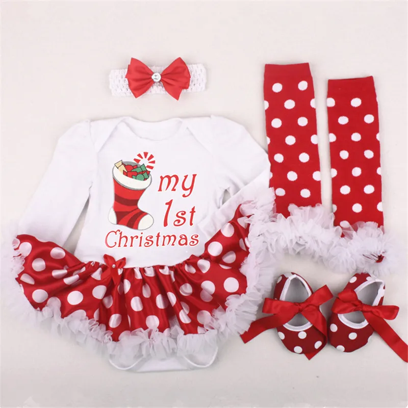 0-24M Christmas Baby Red Bling-Bling Romper Newborn Toddler Infant Girl Cotton 4pcs Set Ruffle Jumpsuit Xmas New Year Costumes