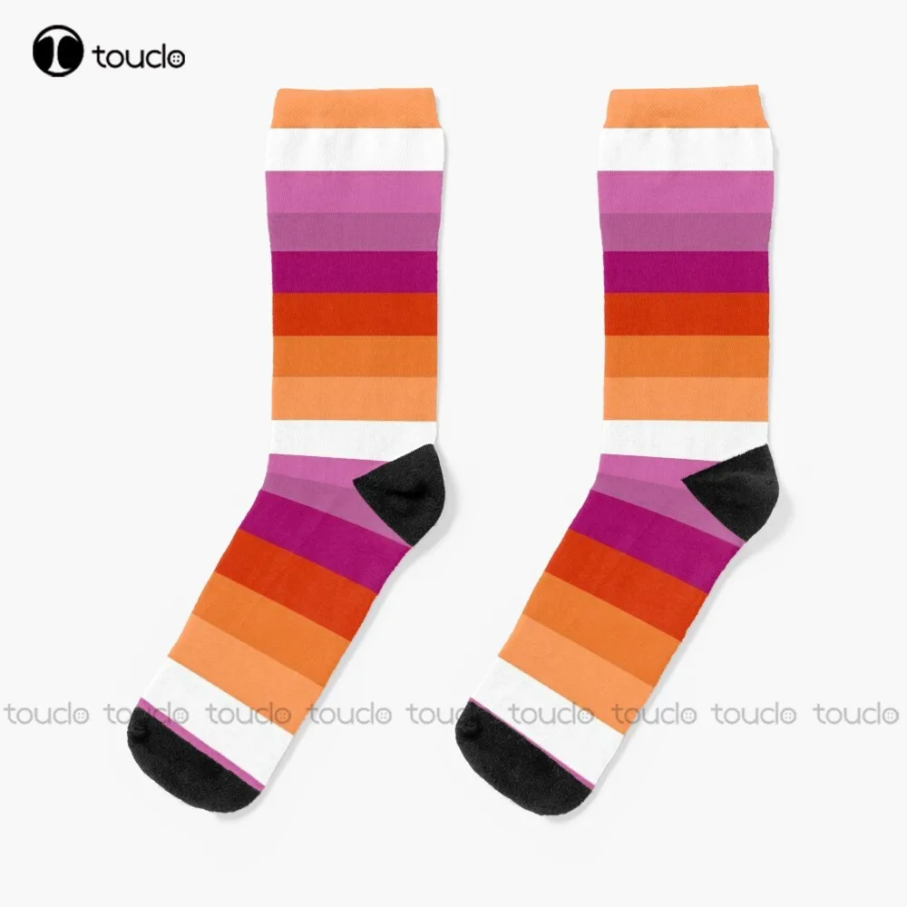 

Orange - Magenta Lines // Lesbian Pride Flag // Butch Femme Pride Flag Socks Halloween Socks Women 360° Digital Print Funny Sock