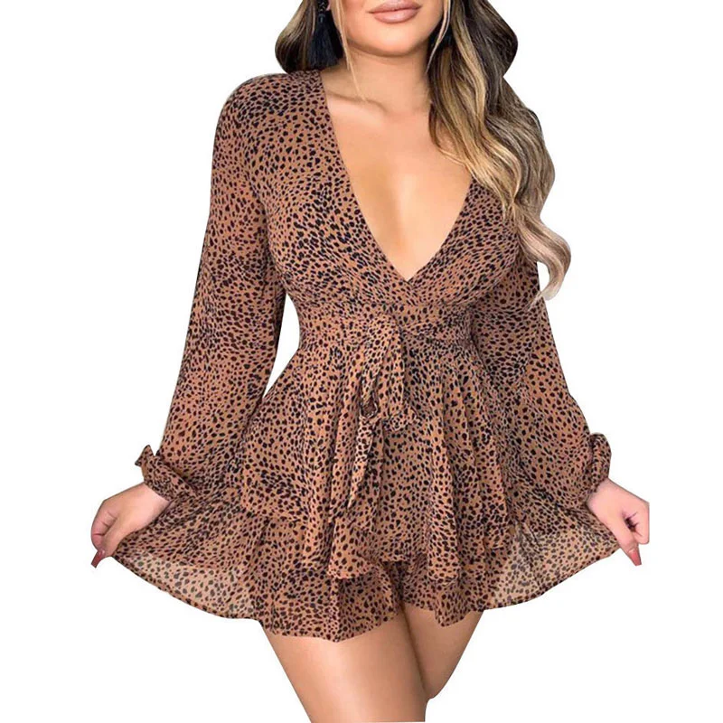 Women Sexy Deep V-Neck Jumpsuit Long Sleeve Leopard Print Female Night Club Bodysuits Casual Flare Jumpsuit Beach Clothes