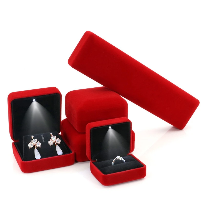 Velvet LED Jewellery Box Wedding Ring Pendant Earring Jewelry Display Packaging Cases with Custom Logo Jewellery Gift Box Cases