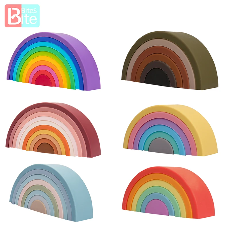 Décennie s de construction empilables arc-en-ciel en silicone, jouets pour bébé, puzzle Montessori, série arc-en-ciel, jeu d\'empilage, jouet