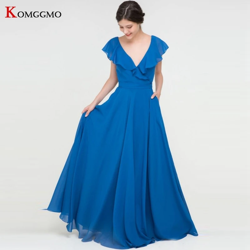 Nach Maß V-ausschnitt Rüschen Chiffon A-Line Abendkleid High-End Cap Sleeve Bodenlangen Bogen Gürtel Sweep Zug Brautjungfer kleid