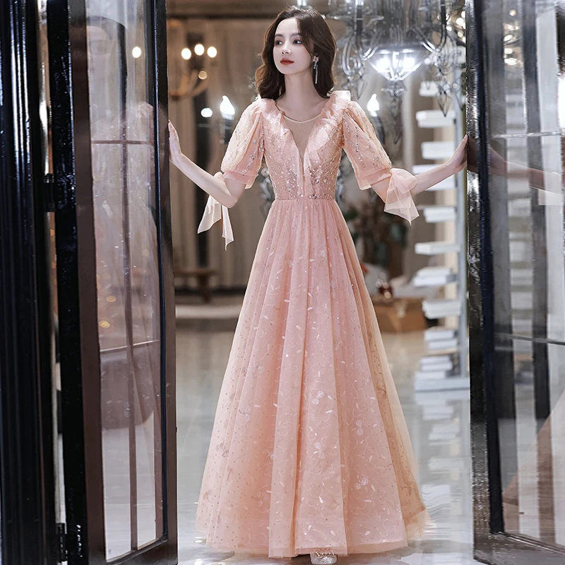 Pink Sequined Formal Evening Dresses Romantic O-Neck Half Sleeves Slim Prom Party Gown Women Fashionable Celebrity Dress