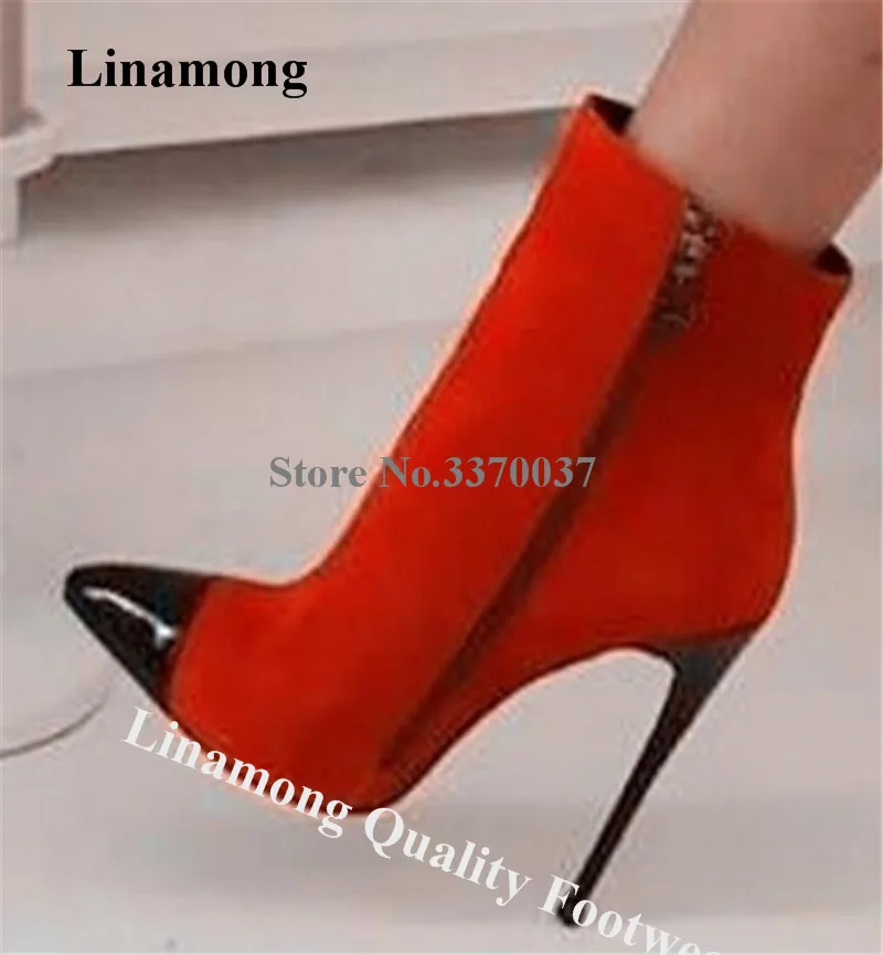 

Linamong Women Elegant Black Pointed Toe Patchwork Stiletto Heel Short Boots Red Purple Suede Leather High Heel Ankle Booties