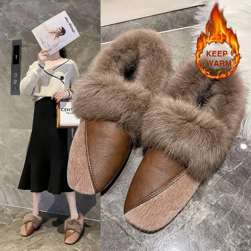 Women Fluffy Shoes Winter Warm Fur Loafers Slip On Mules Slippers Square Toe Female Moccasins Comzy Non-slip Winter Shoes Casual