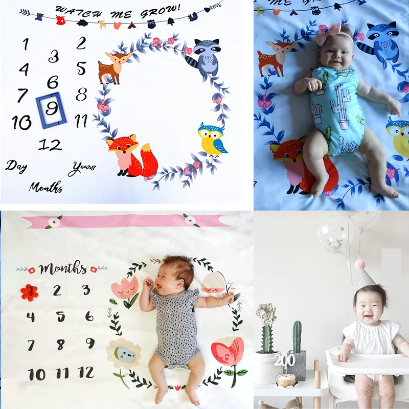 Cartoon Pattern Infant Baby Milestone Photo Props Background Blankets Backdrop Cloth Calendar Bebe Boy Girl Photo Accessories