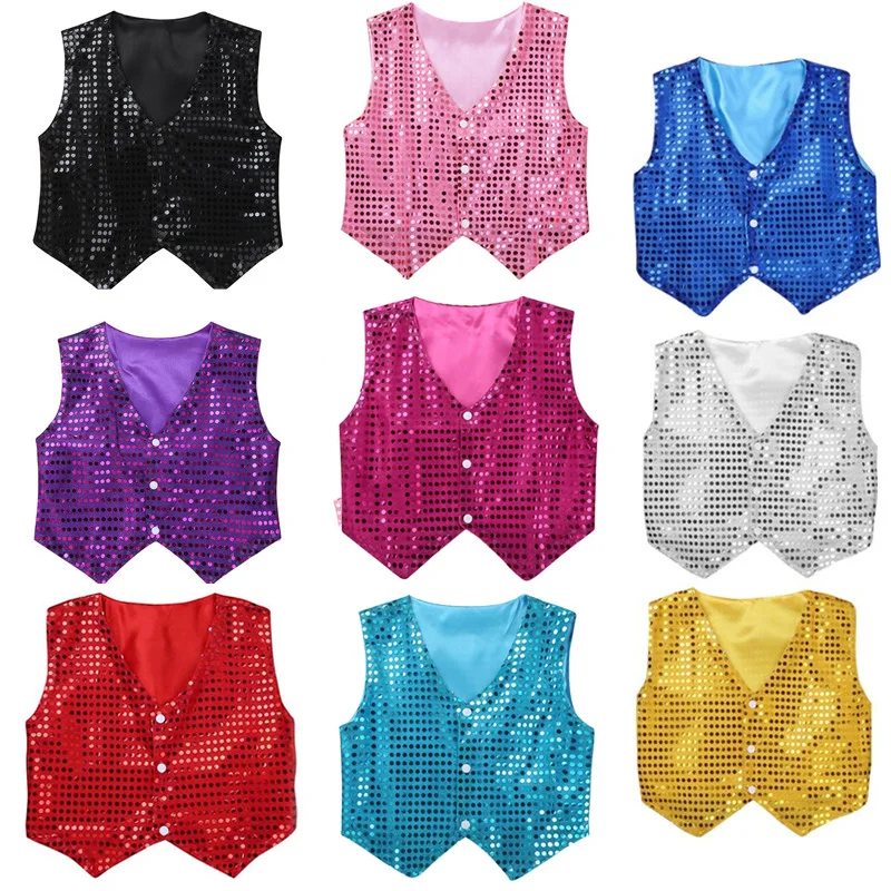 Kids Shiny Sequined Vest Jacket Hip-hop Jazz Stage Performance Dance Costumes Children Boys Choir Waistcoat Dancewear