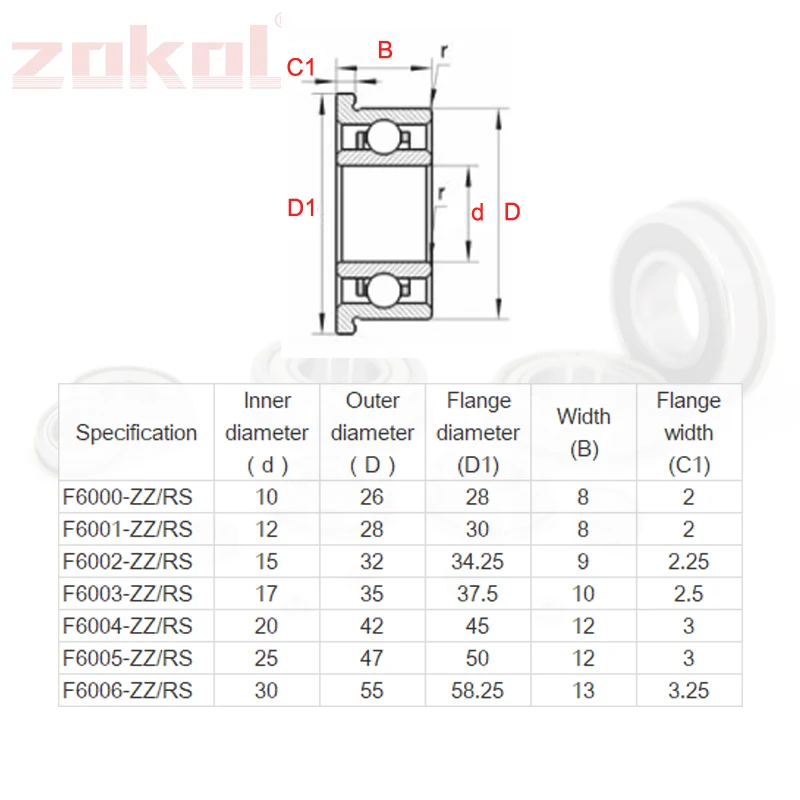 1/50Pcs/Lot F6000/6001/6002/6003/6004/6005/6006 ZZ 2RS Flange Deep Groove Ball Bearing ZOKOL