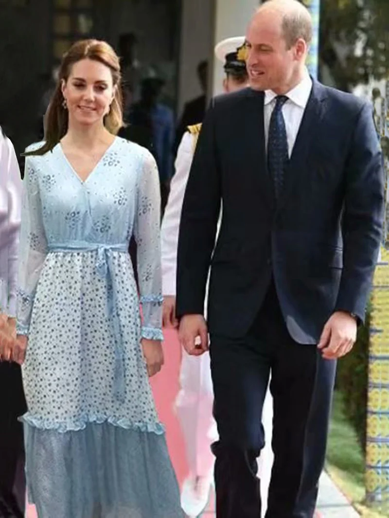 Kate Middleton Princess V-Neck Floral Midi Silk Dress Ruffled Long Sleeve Dresses