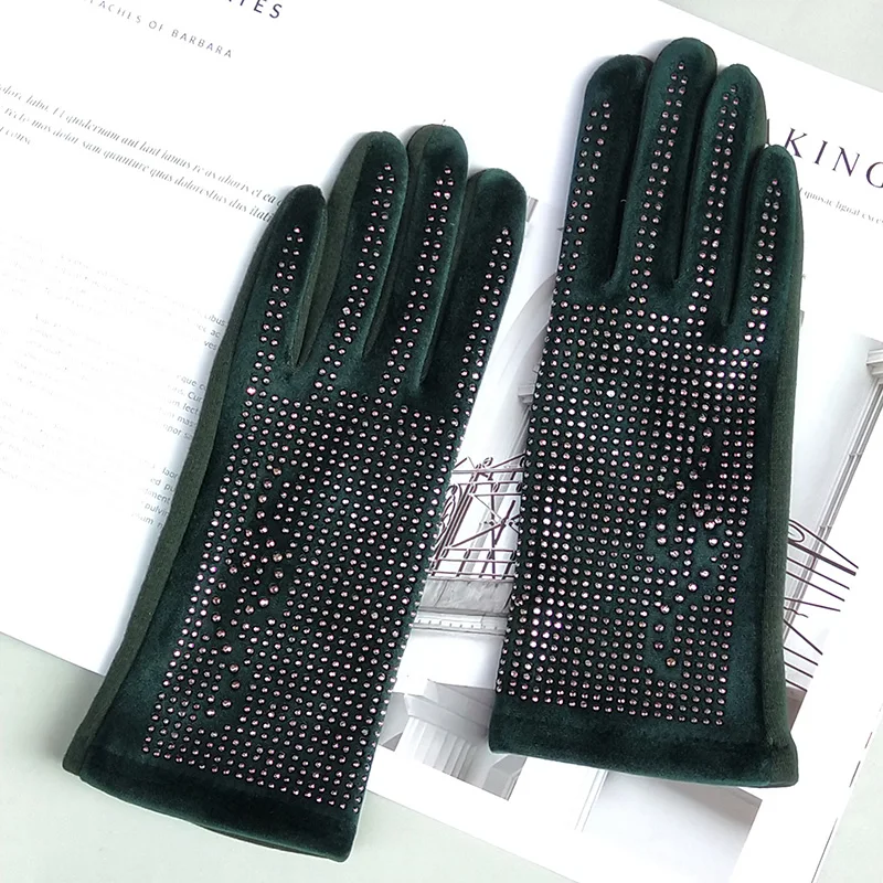 Fashion Women\'s Diamond Full Finger Touch Screen Gloves Winter Plus Velvet Warm Driving Gloves Suede Thick Rhinestone Gloves D72