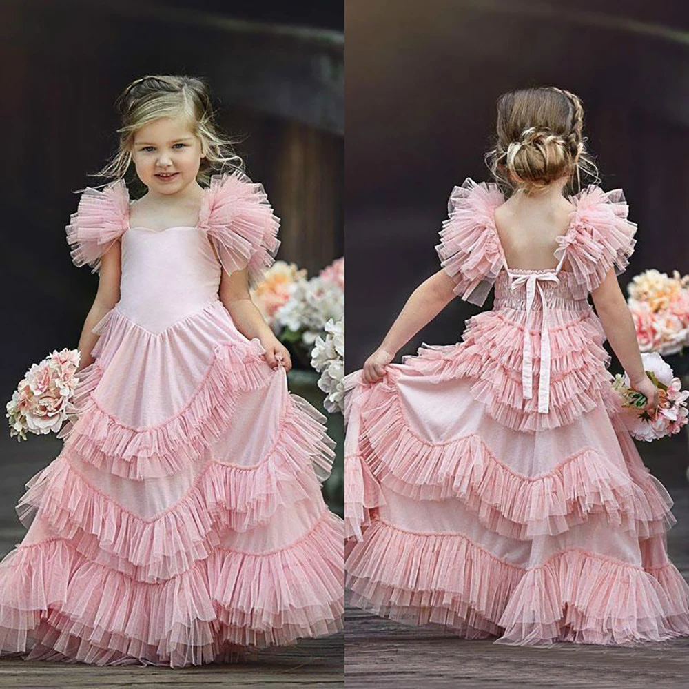 

New Flower Girls Dresses Kids Formal Wear Birthday Christmas Wedding Party Events Girls Pageant Tulle Sleeveless Custom