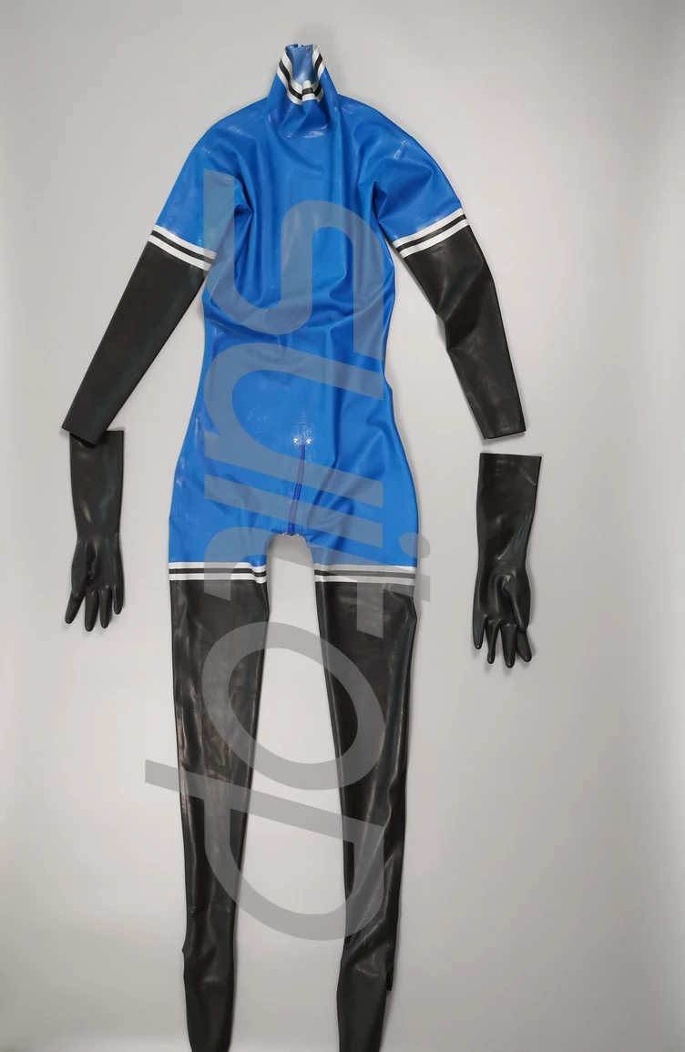 New latex catsuit  rubber zentai High Quanlity level metallic blue and black with gloves and socks