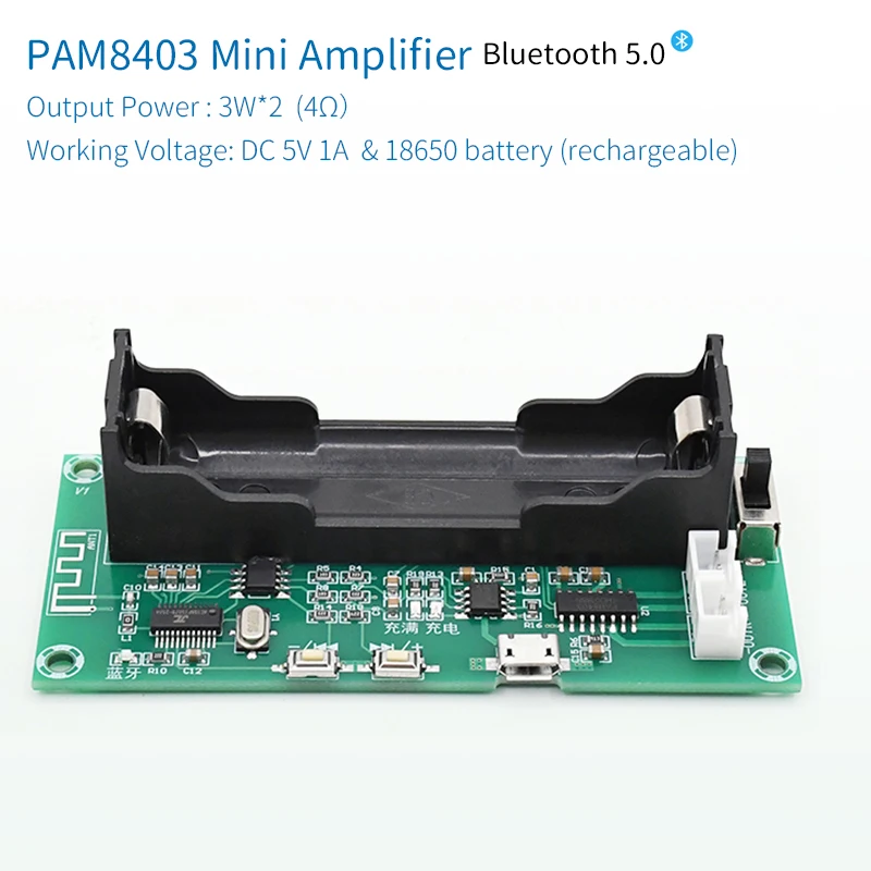 UNISIAN Bluetooth 5.0 PAM8403 2.0 Channel Mini Audio Amplifier Board 2X3W mini Amplifiers for Portable audio system Battery 3.7V