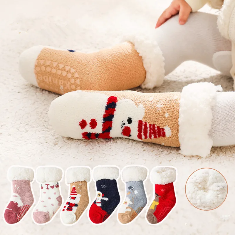 Winter Newborn Baby Cartoon Christmas Socks Thicken Cotton Warm Floor Kids Sock Non-Slip Children Thermal Socks For 0-4 Years