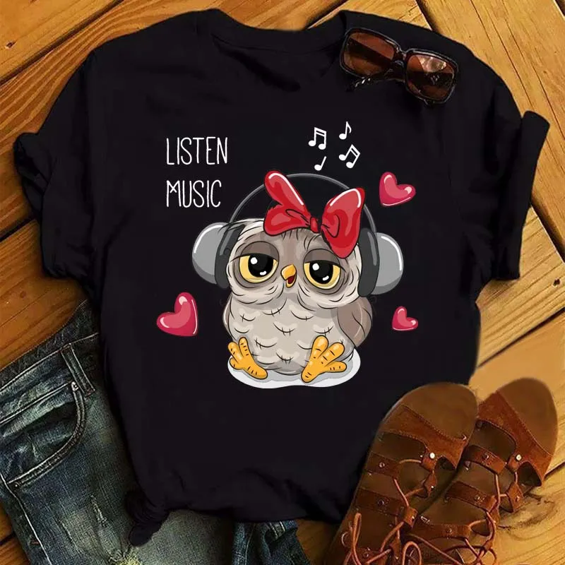 Maycaur Cartoon Owl Print T Shirt Women Kawaii Graphic Shirts Casual Short Sleeved Black Female Tee O-neck Harajuku T-shirts