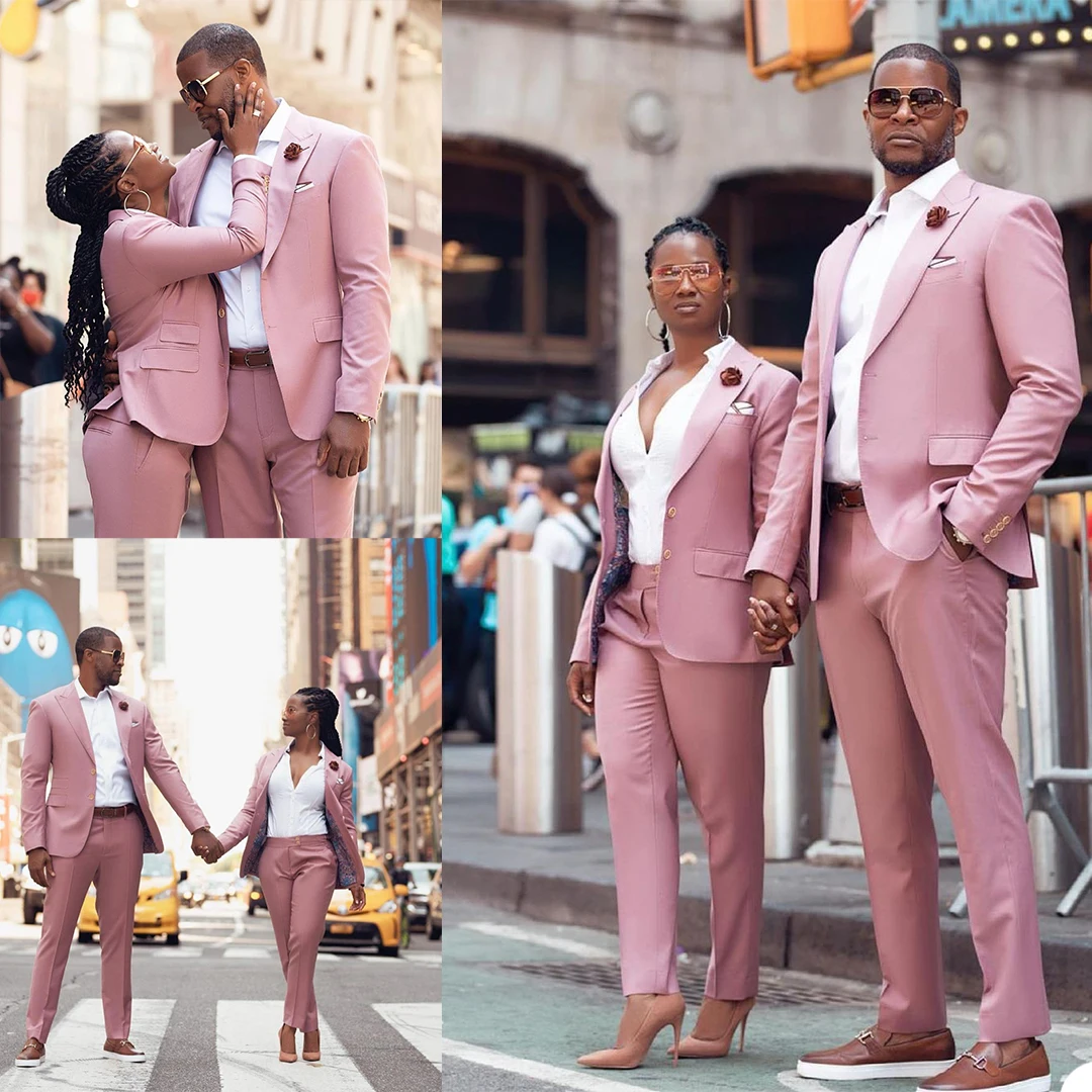 

High Quality Couples Formal Tuxedos Pink Slim Fit Business Suits Groom Wedding Prom Party Outfit (Jacket+Pants)