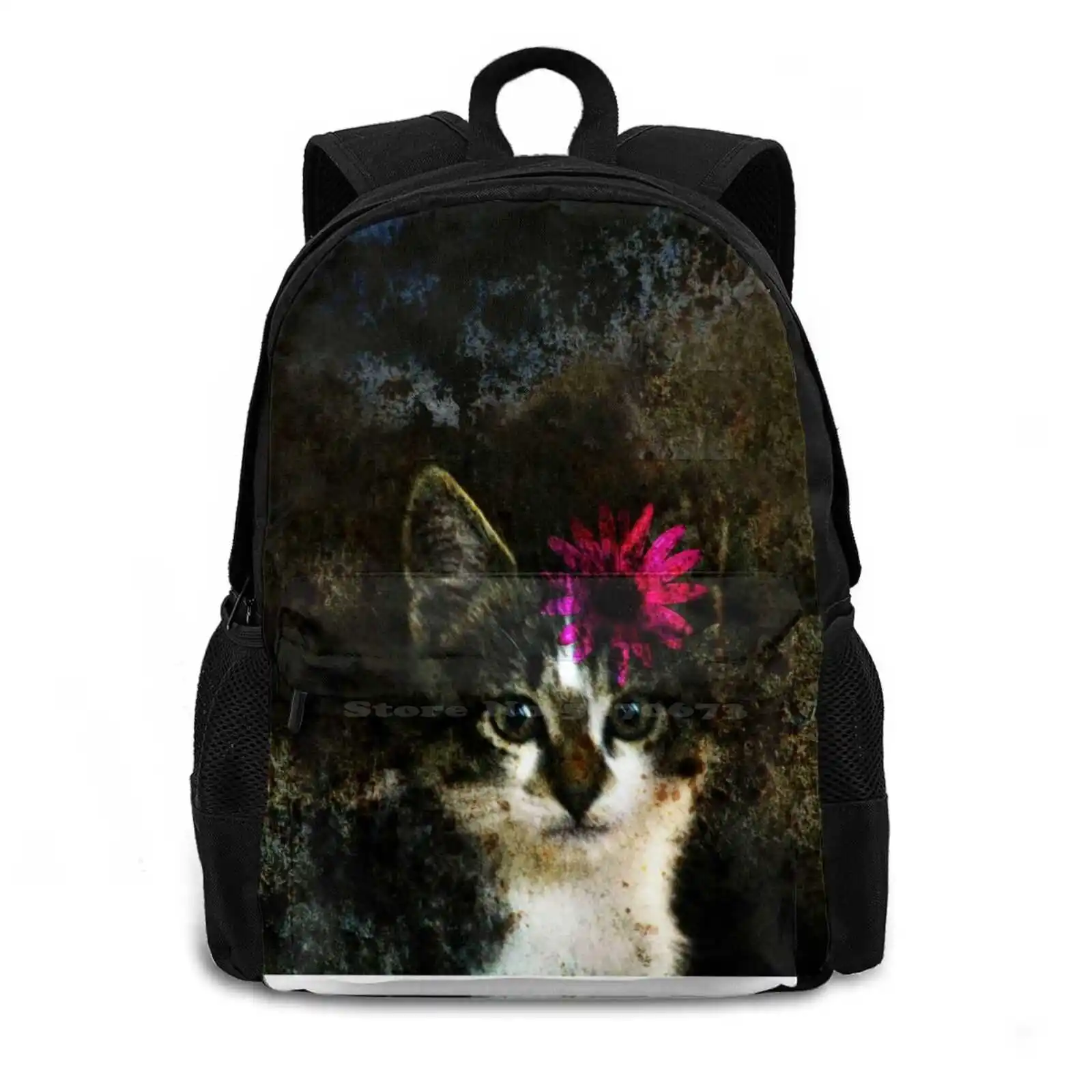 Kitten With Flower Portrait School Bags For Teenage Girls Laptop Travel Bags Kitten Kitty Baby Cat Pet Animal Flower Cat Face