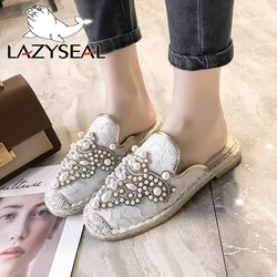 LazySeal nuovi cristalli perle mezze pantofole scivoli estivi scarpe da donna canapa tacco piatto scarpe donna tessuto di cotone moda muli scarpe