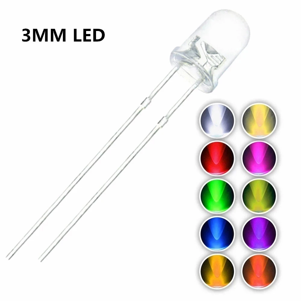 100pcs 3MM LED Diode 3 MM Assorted Kit White Green Red Blue Yellow Orange Pink Purple Warm White DIY Light Emitting Diodes