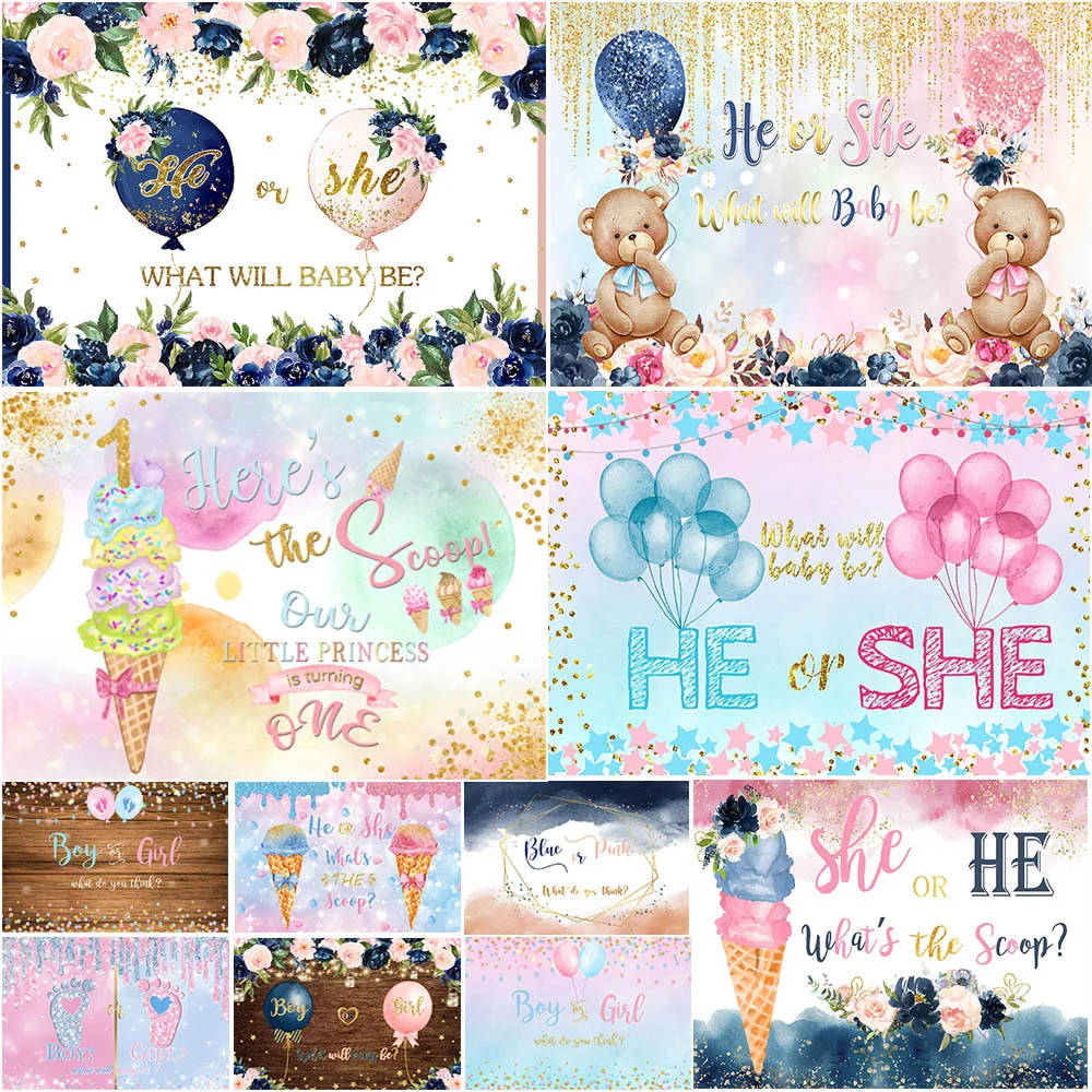 Genere rivela sfondo ragazzo o ragazza genere sorpresa festa fotografia sfondo rosa blu palloncino torta tavolo decorazione Banner