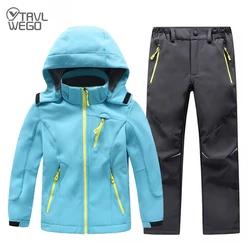 TRVLWEGO Herbst Kinder Camping Wandern Mantel Und Hose Set Haube Winter Student Winddicht Wasserdichte Outdoor Ski Jacke Hosen