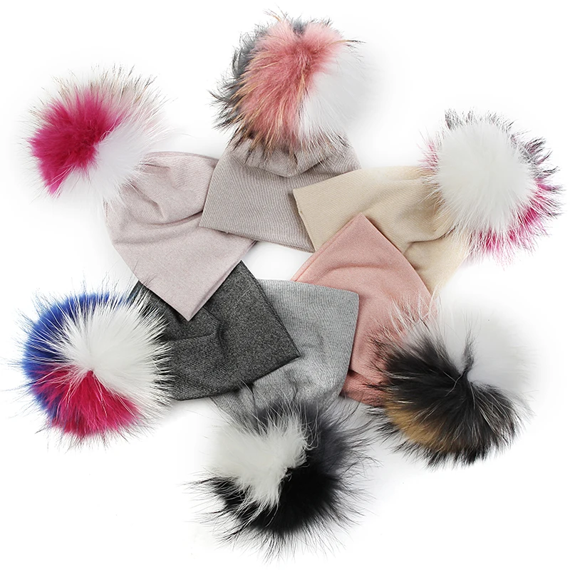 

15cm Real Fur Pompom Triple Color Beanies Baby Girls Boys Infant Newborn Winter Warm Hats Caps Unisex Candy Color Stripe Hat