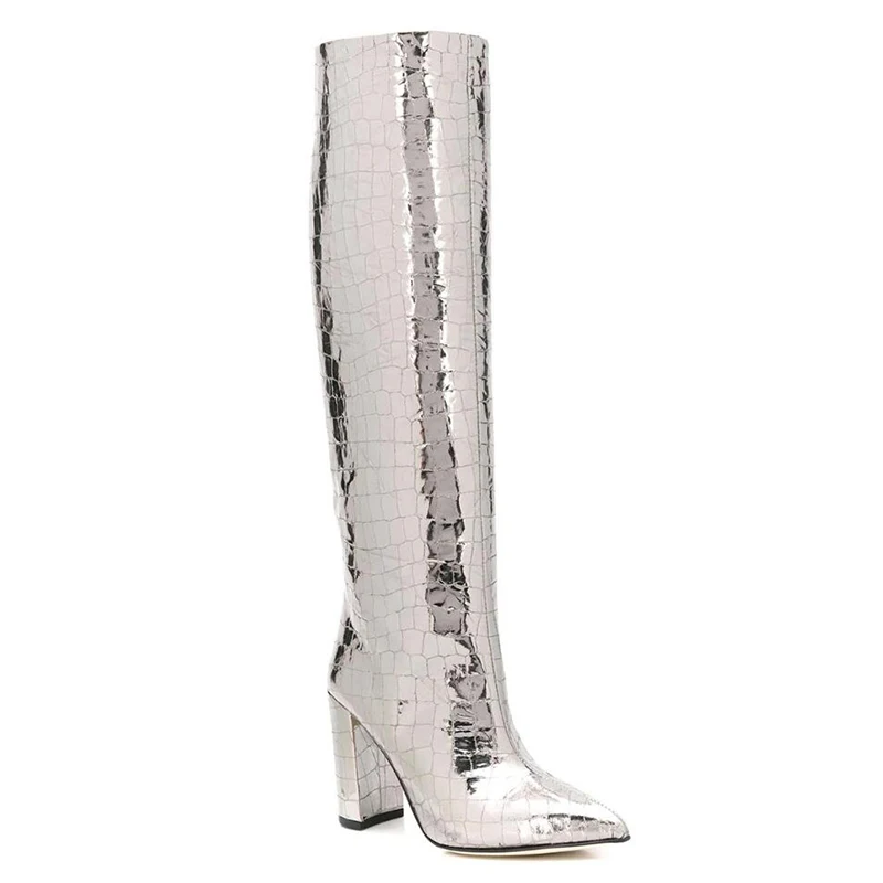 Silver Knee High Boots Women 2021 Shiny Gold Crocodile Embossed Long Boots High Block Heel Slip On Tall Boot Ladies Winter Shoes