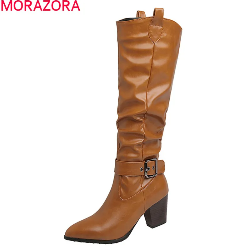 

MORAZORA 2022 New arrival fashion knee high boots thick high heels pointed toe ladies shoes winter keep warm women boots