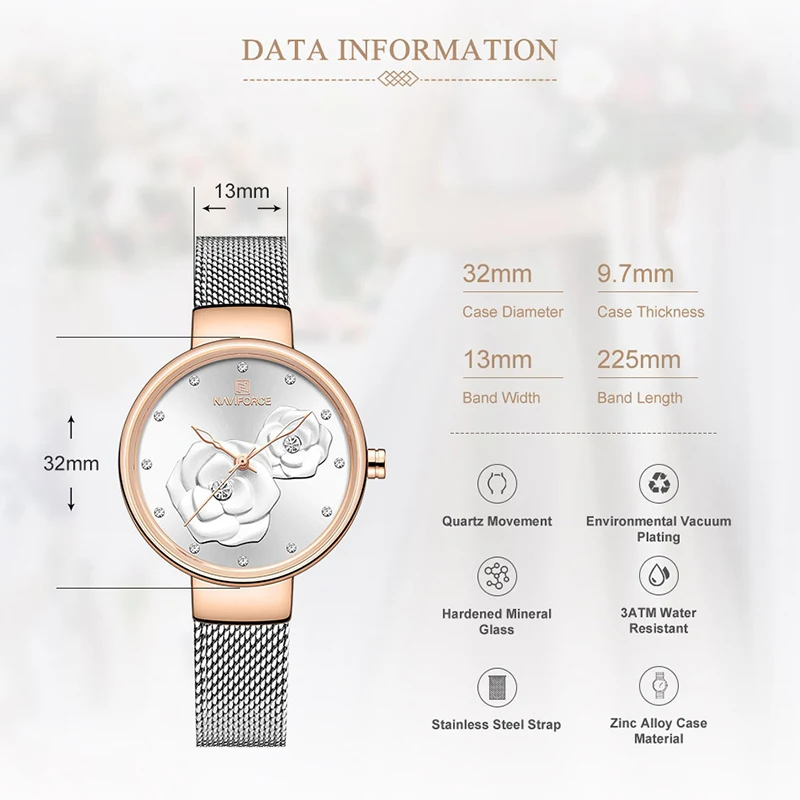 NAVIFORCE Women Watch Mesh Stainless Steel Waterproof Lady Watches Quartz Rose Dial Fashion Charming Girl Clock Relogio Feminino