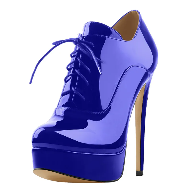 Onlymaker Women Black Platform Ankle Boots High Heels Lace Up Patent Leather Stiletto Sexy Lady Fashion Booties image 3
