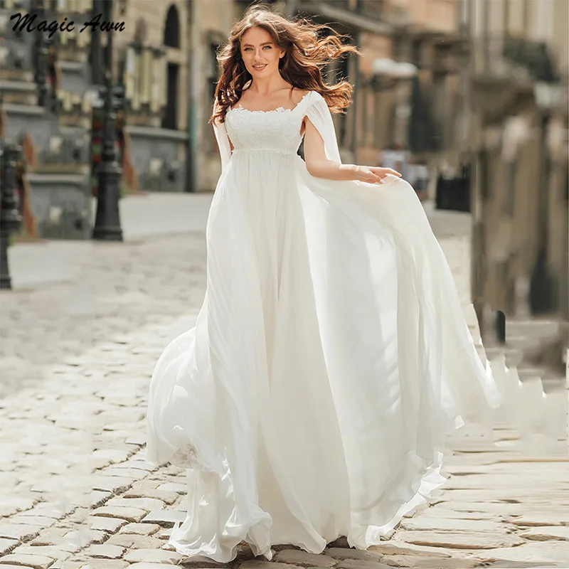 

Magic Awn Graceful Chiffon Wedding Dresses Boho Long Sleeves Lace Appliques Beach A-Line Bridal Gowns 2021 Abito Da Sposa